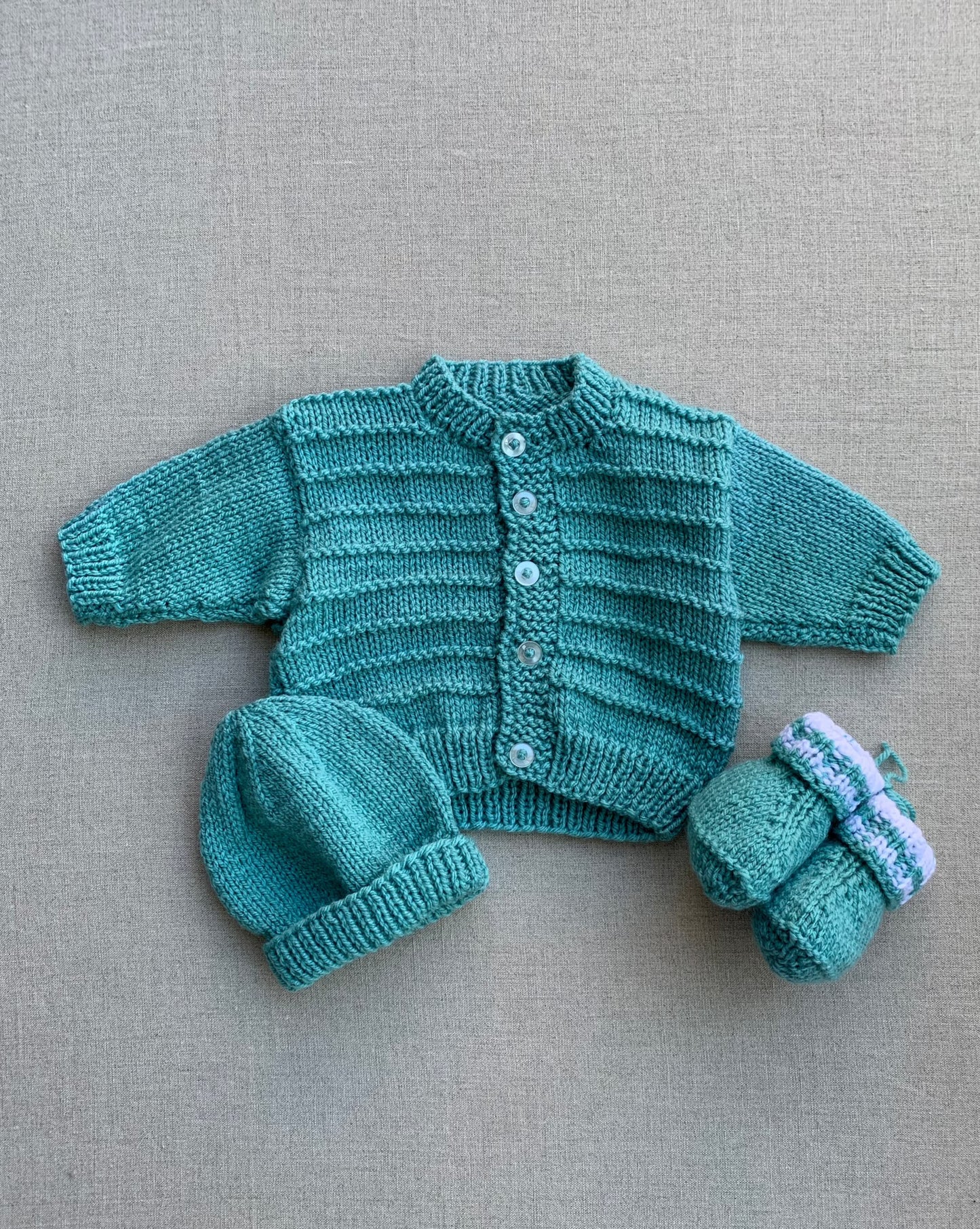 Knitted by Nana Cardigan, Beanie & Booties Set Teal