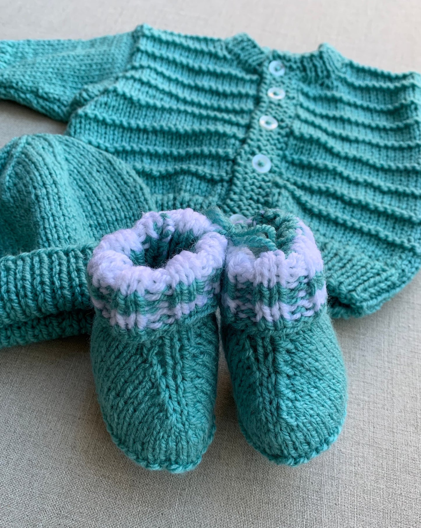 Knitted by Nana Cardigan, Beanie & Booties Set Teal