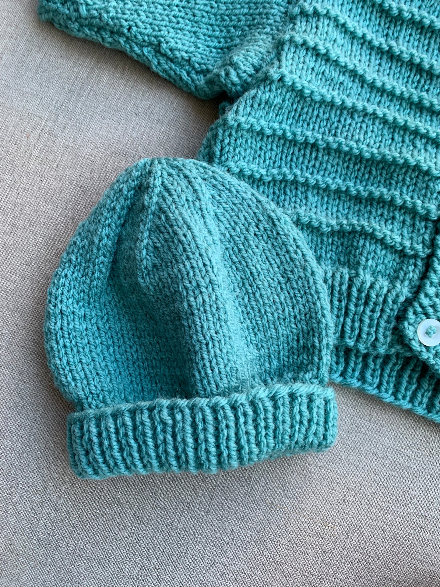 Knitted by Nana Cardigan, Beanie & Booties Set Teal