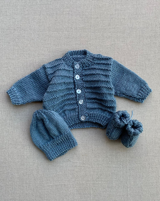 Knitted by Nana Cardigan, Beanie & Booties Set Silver