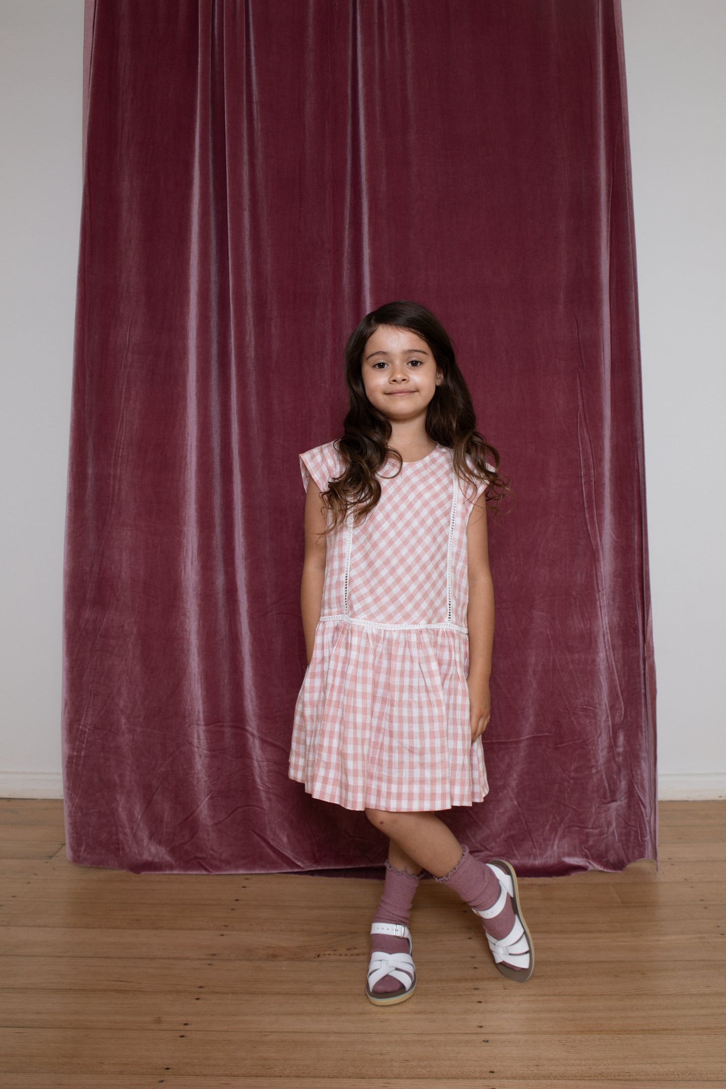 Maggie Panel Dress Pink Check Linen