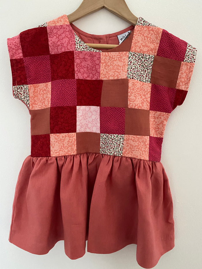 Maggie Patchwork Dress Coral Linen 2y